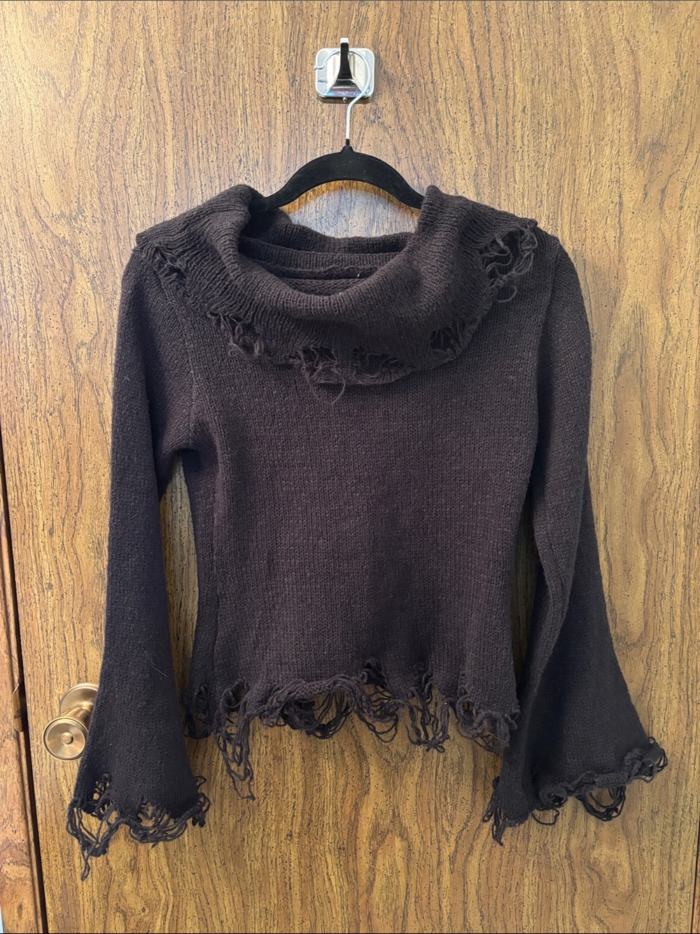 Women's Black Distressed Cowl Neck Sweater